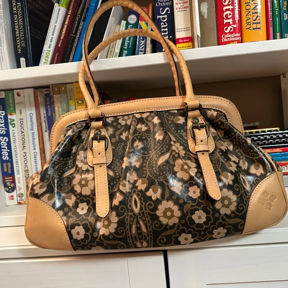 Patricia Nash Floral Pattern Satchel Handbag in Brown and Tan